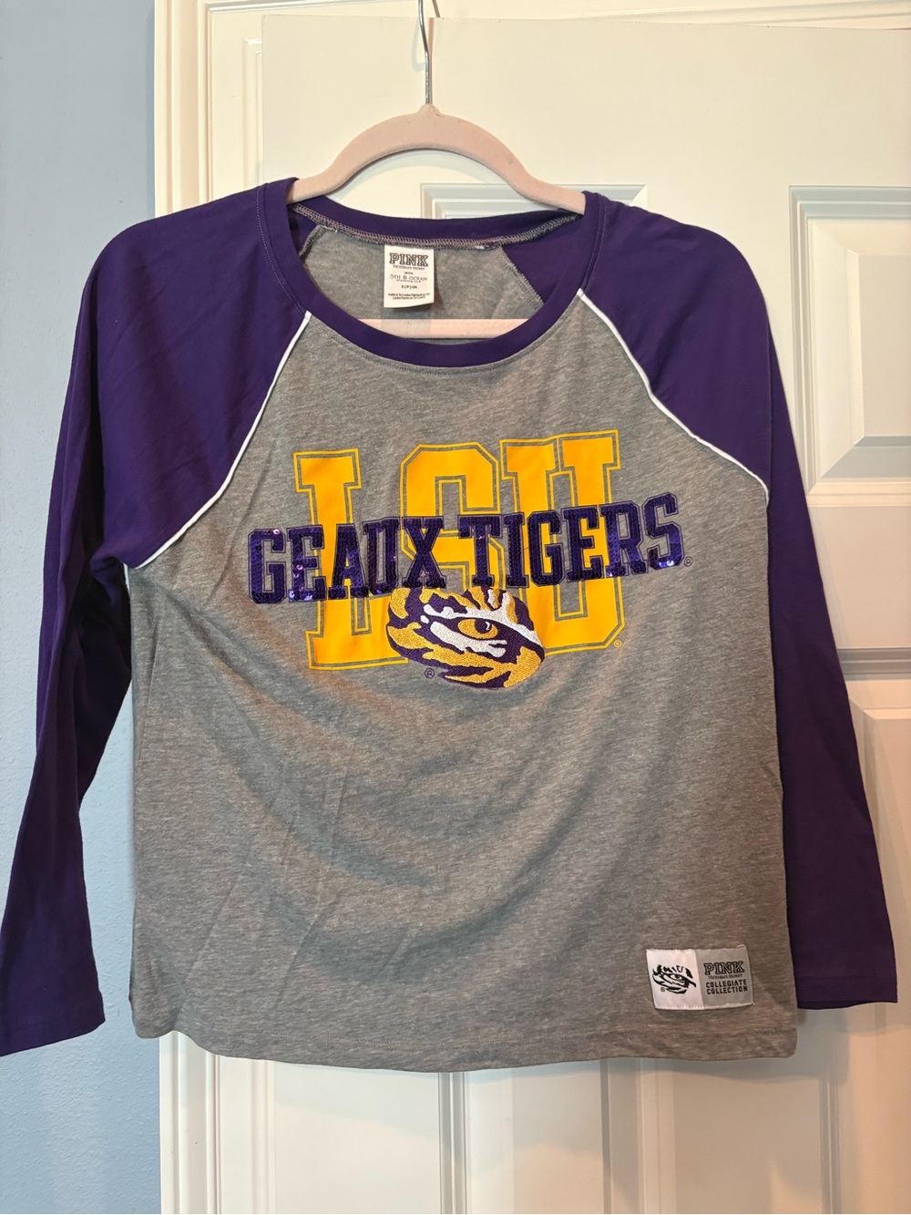 PINK Victoria's Secret Gray & Purple LSU Geaux Tigers Long Sleeve Raglan